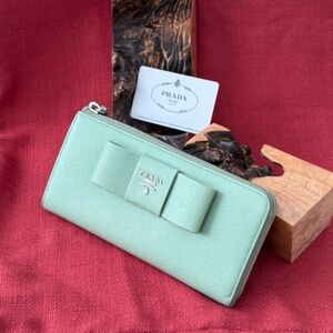Prada Fiocco Bow Wallet in Acquamarina Saffiano Leather